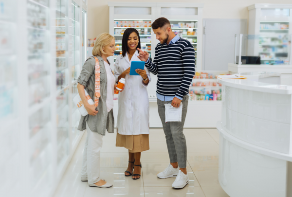 Young pharmacist helping 2 patients