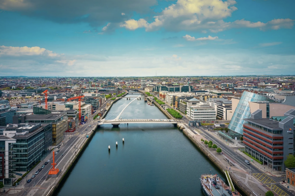 aerial view of the river lifey and samuel beckett bridge in dublin, ireland