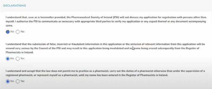 PSI Registration Website: Form to fill in as part of stage 2, step 4